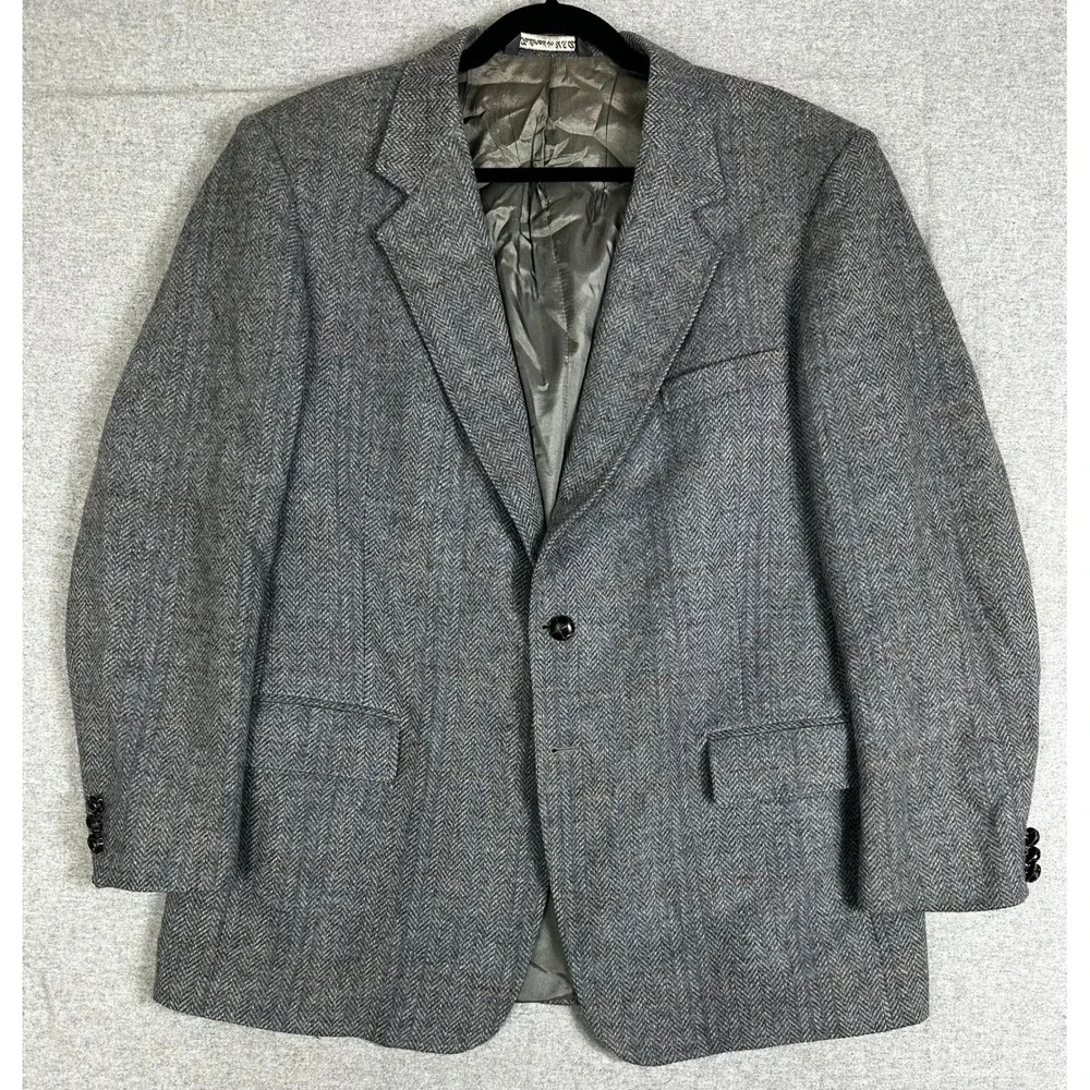 Vintage Tweed Blazer Mens 44R Gray Herringbone Wool Oakton Windowpane USA